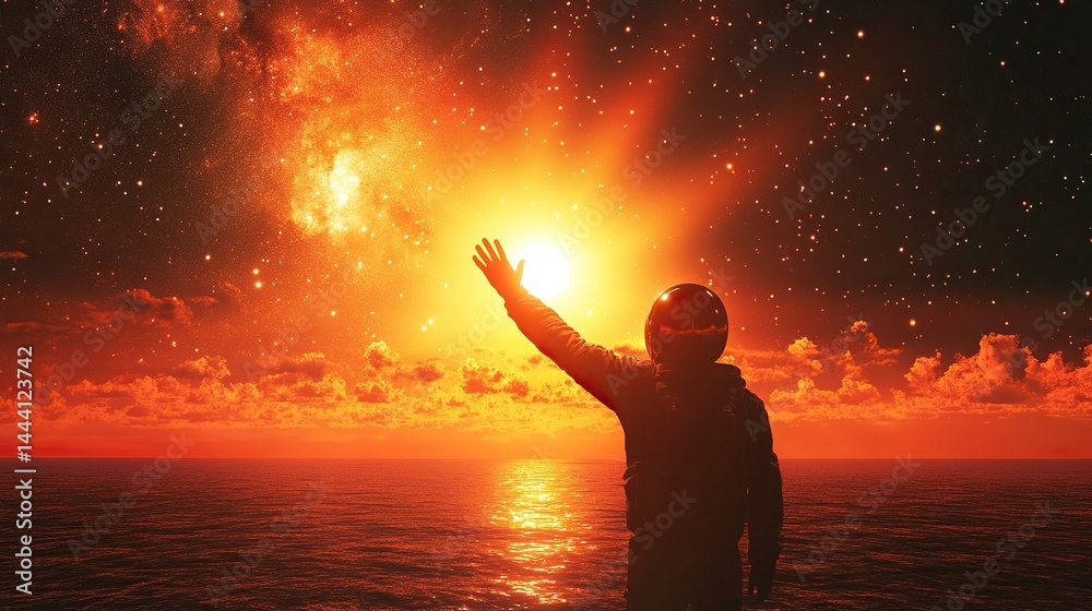 Fototapeta premium An astronaut in space, waving to Earth with the sun and stars behind him. High resolution photo realistic portrait.