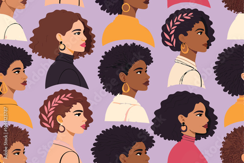 Create a vibrant, seamless vector pattern featuring diverse women of different ethnicities and ages, showcasing natural hairstyles.