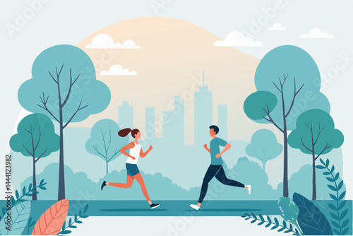 Create a seamless web header featuring diverse people jogging joyfully through a vibrant park.  Include lush greenery and sunlight.