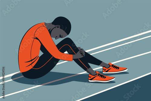 A distressed runner sits on a running track, clutching their injured ankle, experiencing intense pain.  The image should depict visible signs of discomfort and injury.