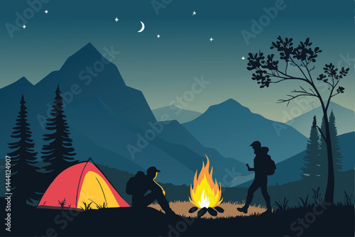 Create a detailed silhouette vector illustration of two hikers enjoying a campfire at night under a starry sky.  Include realistic campfire flames and subtle landscape details.