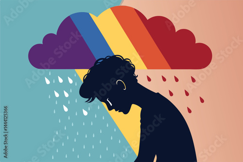 A striking silhouette of a person weeping, overlaid with vibrant, expressive emoticons; conveying intense emotional distress.
