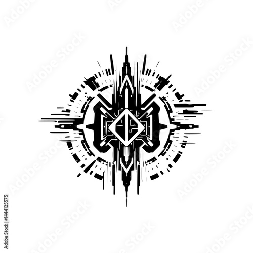 Futuristic Tech Circle Symbol, Grayscale, Geometric, Minimalist Logo Design