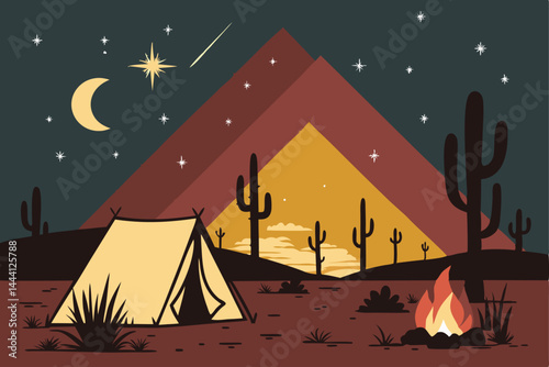 Ethereal desert night scene star-filled sky above silhouetted cacti, camper tent nestled amongst desert flora, Milky Way visible.