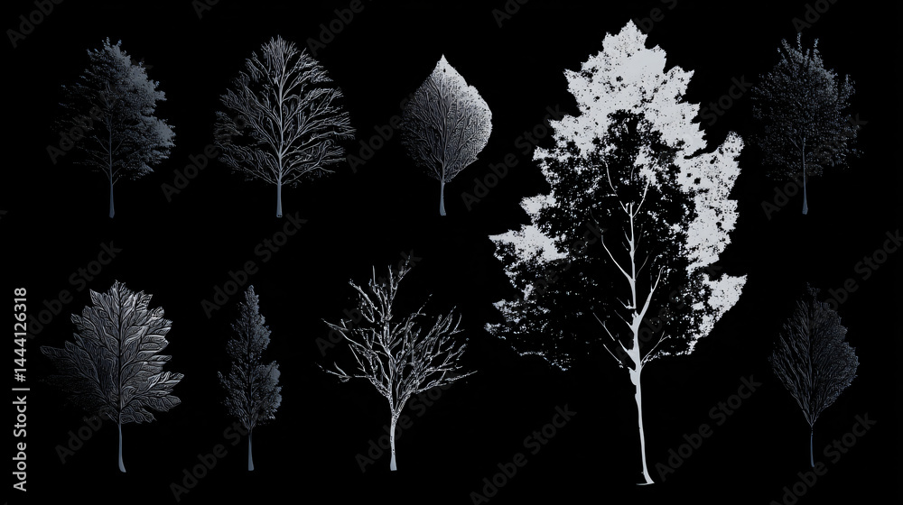 Botanical Tree Silhouettes: Nature's Minimalistic Black Background Vector Art for Eco-Friendly Design