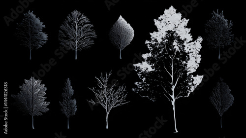 Obraz na płótnie Botanical Tree Silhouettes: Nature's Minimalistic Black Background Vector Art for Eco-Friendly Design w salonie