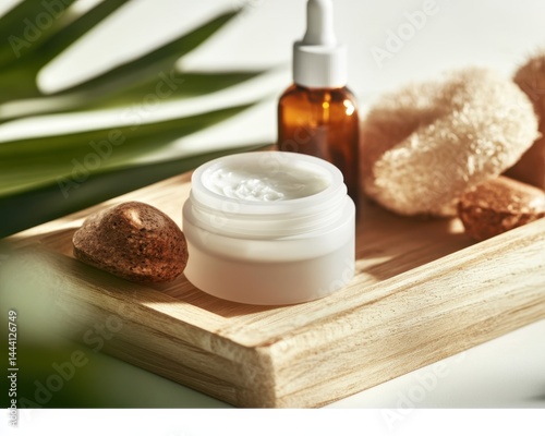 Natural skincare products on wooden tray.
