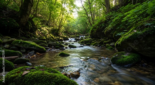 A clear stream running through moss-covered rocks in a forest