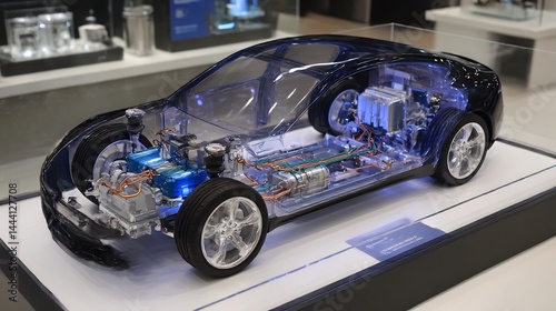 Transparent electric car prototype showcasing advanced technology components