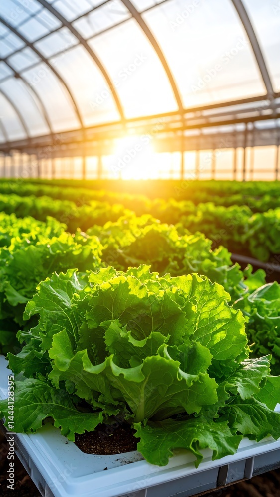 Fresh green lettuce growing in a modern greenhouse with sunlight streaming through the glass roof, highlighting sustainable and controlled agriculture.
