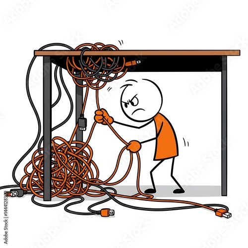 3D character overwhelmed by tangled wires