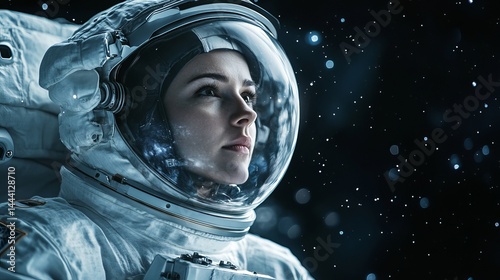 Fototapeta Naklejka Na Ścianę i Meble -  Astronaut woman in space contemplative portrait deep space exploration galactic journey art suit hope