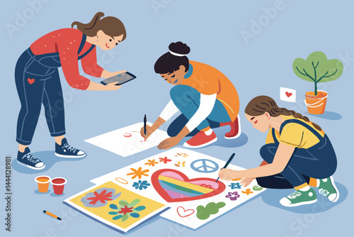 Teen volunteers collaboratively design vibrant posters and artwork for a community outreach program.  Focus on teamwork and creative expression.