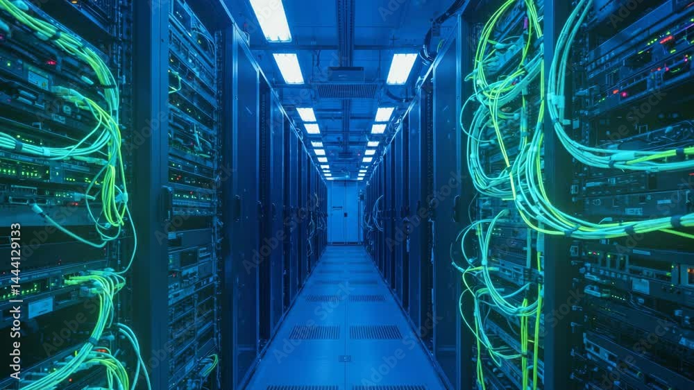 server room loop ready animation 3d rendering, electric, cloud, cable, black,