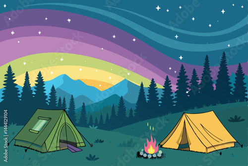Create a vector illustration of several camping tents nestled in a vibrant meadow under a breathtaking, detailed galaxy night sky.