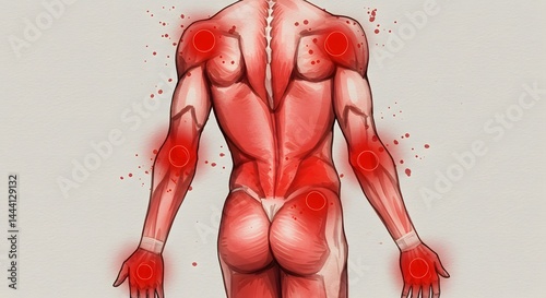 Artistic illustration showing muscular back with pain areas