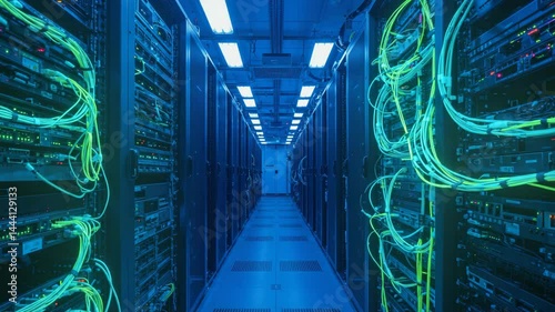 server room loop ready animation 3d rendering, electric, cloud, cable, black,