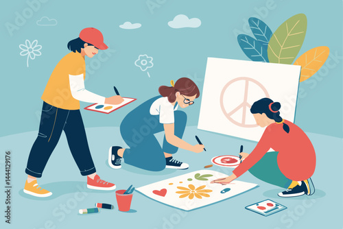Teen volunteers collaboratively design vibrant posters and artwork for a community charity event, showcasing their creativity and teamwork.