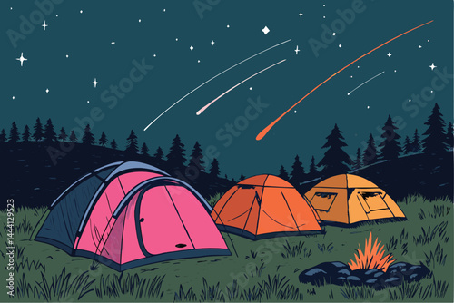 Create a bold vector illustration of numerous tents nestled under a vibrant meteor shower at night.  Focus on dramatic lighting and detailed tent designs.