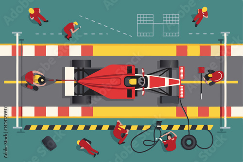 Overhead shot of a Formula 1 pit lane during a race, showcasing mechanics working on a car, tools scattered, and the team in action.