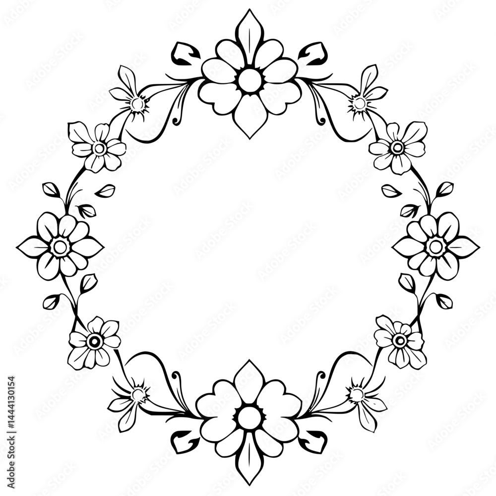 Floral Frame, Black and White Botanical Illustration Floral Frame, Black and White Botanical Illustration