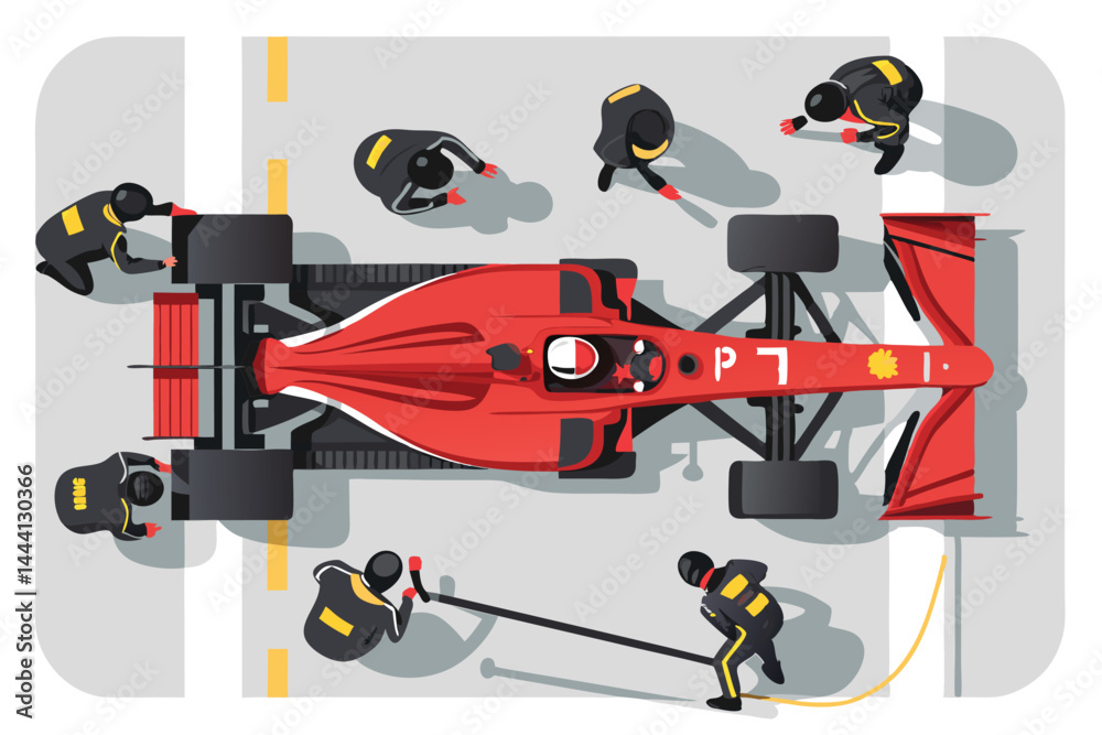 Naklejka premium Overhead vector illustration of a Formula 1 race car speeding into a pit stop, tires blurred, mechanics visible.