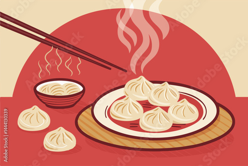 Create a vibrant vector background design featuring Korean Mandu (dumplings), showcasing their texture and deliciousness.  Include stylized steam and Asian-inspired elements.