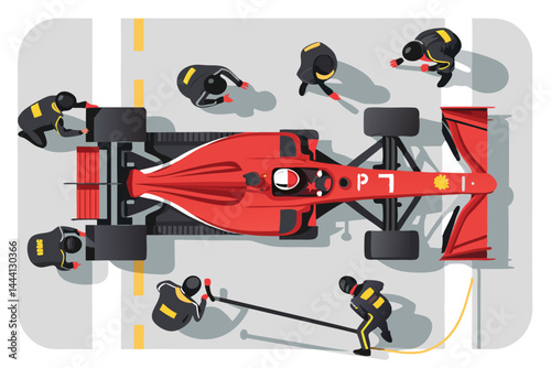 Overhead vector illustration of a Formula 1 race car speeding into a pit stop, tires blurred, mechanics visible.
