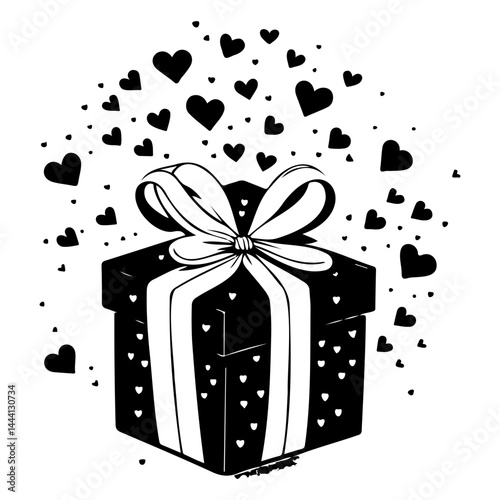 Monochrome gift box emitting a stream of affection, with elegant ribbon