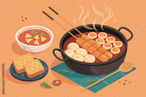 Create a vibrant vector background featuring delicious Korean hotteok street food, emphasizing textures and warm colors for a visually appealing design.