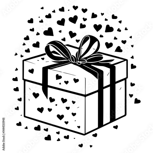 Stylized monochrome present illustration with hearts for festive occasions