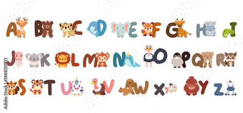 Alphabet animals flat vector illustration set