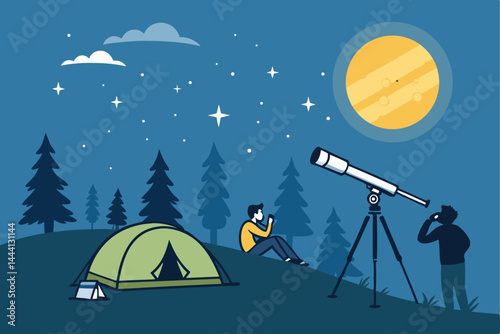 Create a vibrant vector illustration of campers silhouetted against a starry night sky, using a telescope to stargaze atop rolling hills.  Focus on a peaceful, serene atmosphere.
