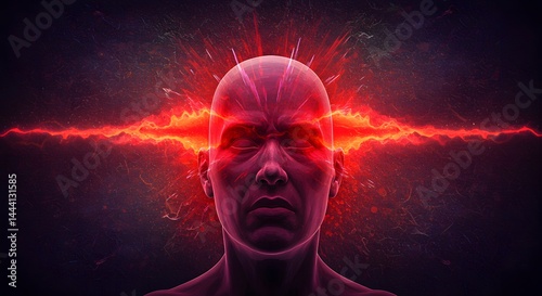 Intense red wave emanating from brain of male figure