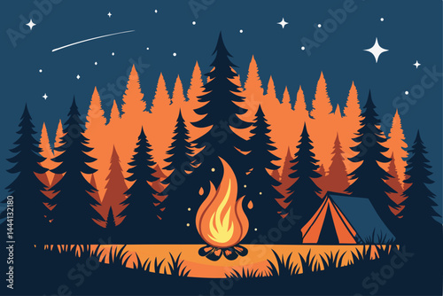 Create a vibrant vector illustration of a nighttime campfire scene, deeply nestled within a dark forest, emphasizing flickering flames and realistic smoke.