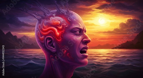 Person screaming with glowing red brain at sunset