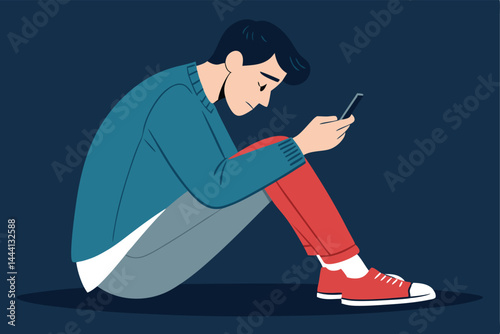 Create a vector illustration depicting a man deeply engrossed in his smartphone, showcasing the detrimental effects of smartphone addiction.