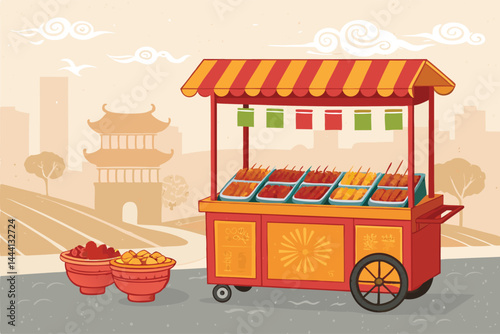 Vibrant vector illustration of a bustling Korean street food cart overflowing with tteokbokki, kimbap, and other delicious snacks.