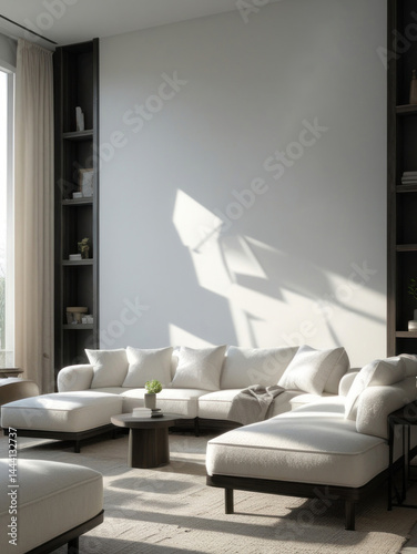 Bright minimalist living room interior design with white sectional sofa and contemporary home decor elements in natural light
