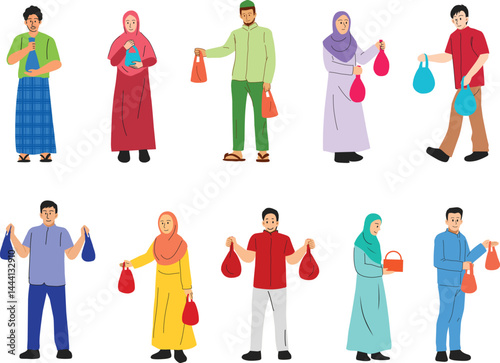 A illustration set featuring characters distributing qurban meat during Eid al Adha for Islamic holiday content, educational materials, and cultural campaigns.