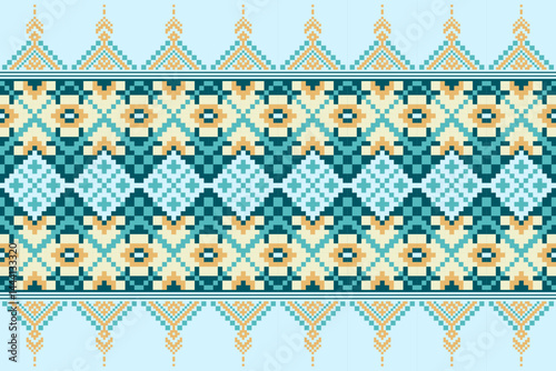 Cross Stitch pattern with Floral Designs. Traditional cross stitch needlework. Geometric Ethnic pattern, Embroidery, Textile ornamentation, fabric, Hand stitched pattern, Cultural stitching pixel art.