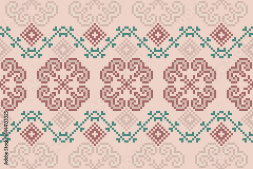 Cross Stitch pattern with Floral Designs. Traditional cross stitch needlework. Geometric Ethnic pattern, Embroidery, Textile ornamentation, fabric, Hand stitched pattern, Cultural stitching pixel art.
