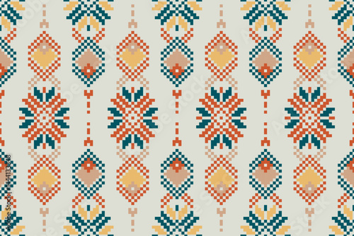 Cross Stitch pattern with Floral Designs. Traditional cross stitch needlework. Geometric Ethnic pattern, Embroidery, Textile ornamentation, fabric, Hand stitched pattern, Cultural stitching pixel art.