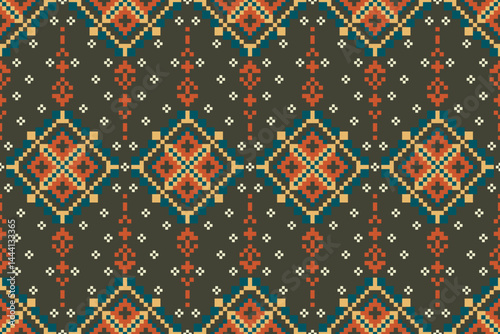 Cross Stitch pattern with Floral Designs. Traditional cross stitch needlework. Geometric Ethnic pattern, Embroidery, Textile ornamentation, fabric, Hand stitched pattern, Cultural stitching pixel art.