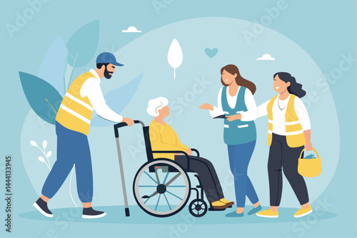 Create a vector illustration of friendly volunteers assisting a person with a disability during a physical education class.  Show positive interaction and support.