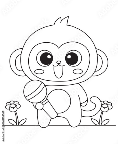 Coloring book monkey holding a microphone among the flowers
