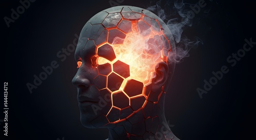 Sci-fi illustration of glowing pain on side of human head