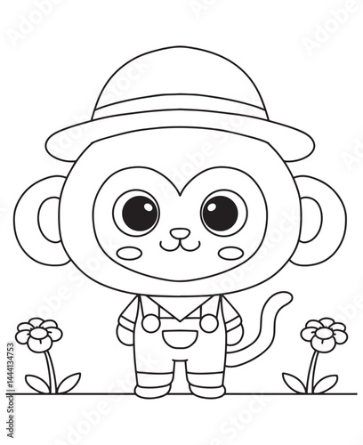 Coloring book monkey wearing overalls and a hat among the flowers