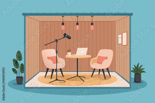 Design a vector illustration of a cozy podcast recording booth interior featuring shag carpet, professional microphone, and comfortable seating.  Include soundproofing details.