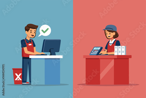 Create a vector illustration comparing online and offline tax payment methods. Show contrasting visuals representing ease, speed, and security of each method.